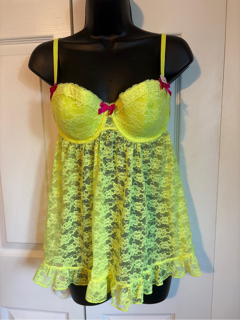 La SENZA Neon Yellow Lace Babydoll with Pink Bow Accents